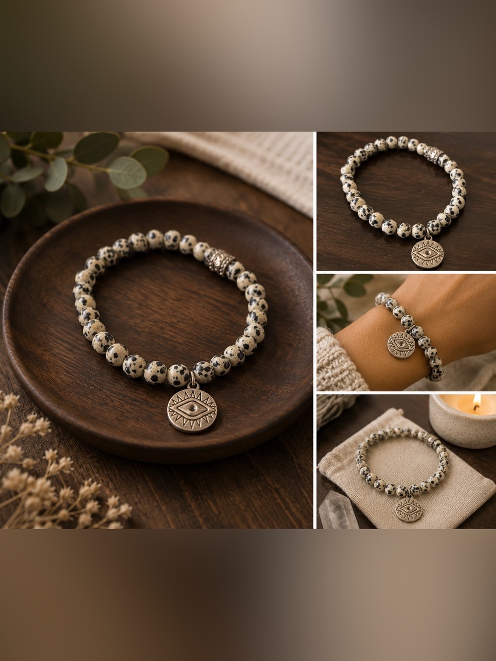 Dalmatian Jasper Evil Eye Stretch Bracelet | Spiritual Protection Gemstone